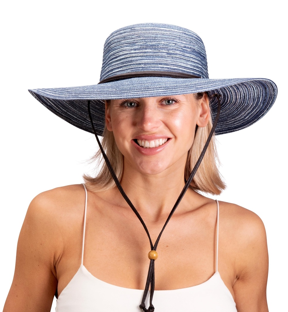 Women's Wide Brim Braided Sun Hat with Wind Lanyard - UPF 50+ | Blue | Size M